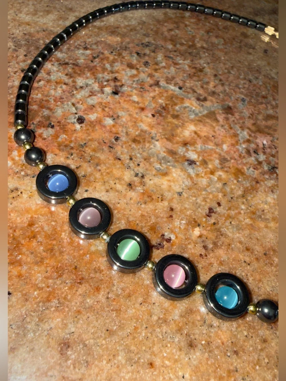 Vintage 90s Hematite and Multicolor Cat's Eye Glass Beaded Necklace